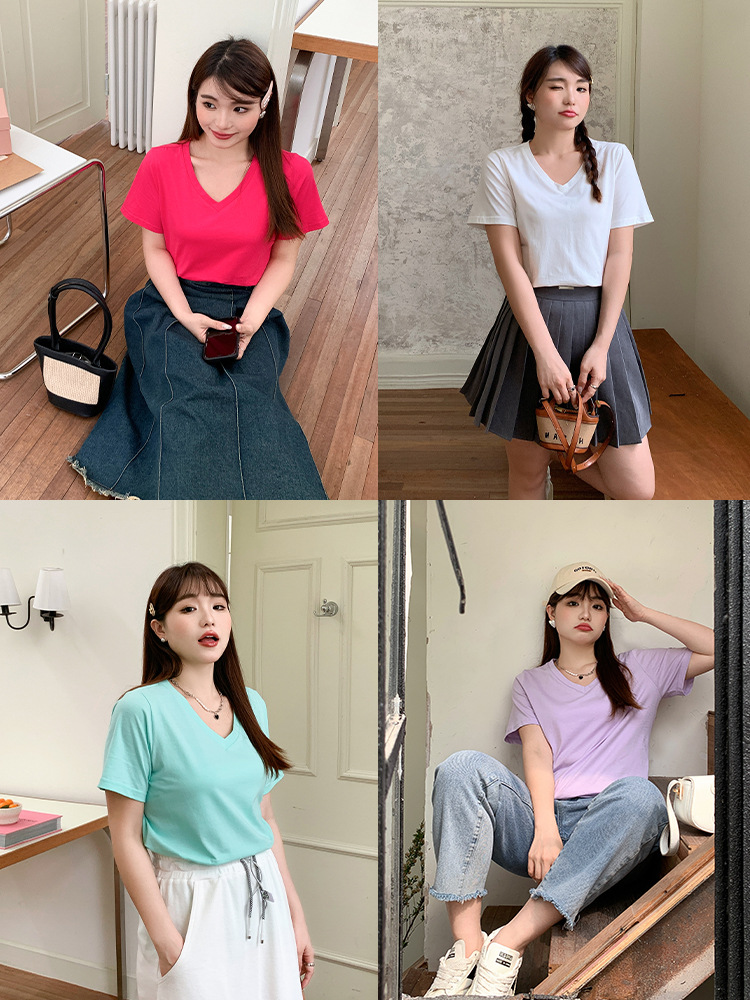 A large number of spot running volume T-shirts summer micro fat mm large size women's clothing basic multi-color loose V-Collar Cotton T-shirts 9333