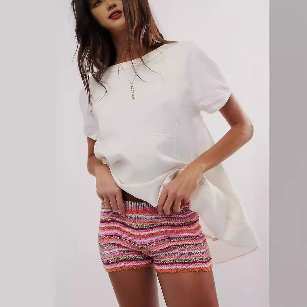 2024New Summer Dopamine Wear Slim-fit Rainbow Stripe Casual Sports Contrast Color Shorts Hot Pants for Women