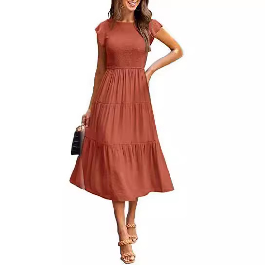 2022 Europe and the United States foreign trade cross-border women's clothing Amazon explosive flying sleeve pleated layered short sleeve large pendulum dress