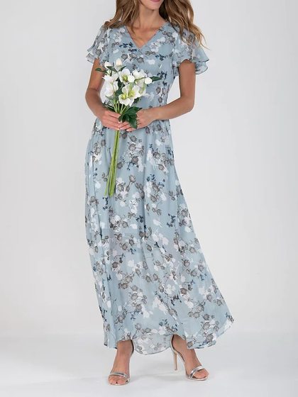 2023 European and American New Beach Large Swing Dress Chiffon Floral Short Sleeve Ruffled V-neck Fashion Tight Waist dress