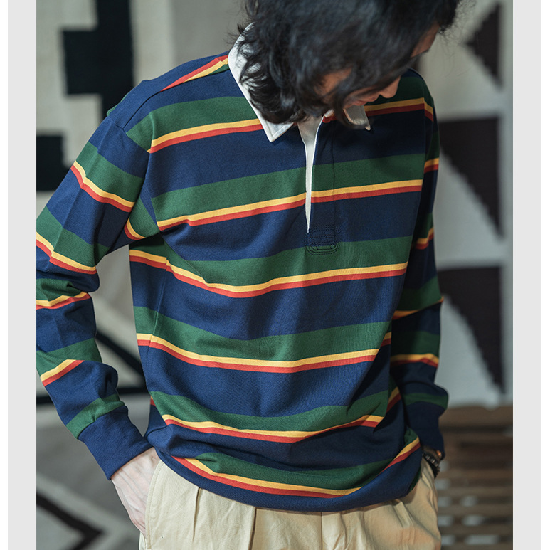 In STOCK men's waiter NON-STOCK Men's Heavy striped lapel T-shirt American retro long sleeve polo shirt