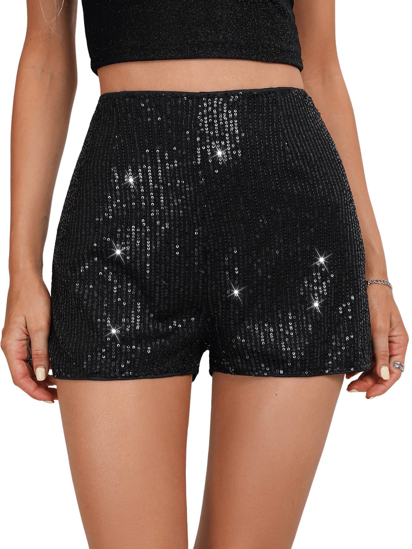 2023 Amazon Multi-color Fashion Beads Slim-fit Hot Pants Sequin Solid Color Black Mid-waist Sexy Straight Shorts