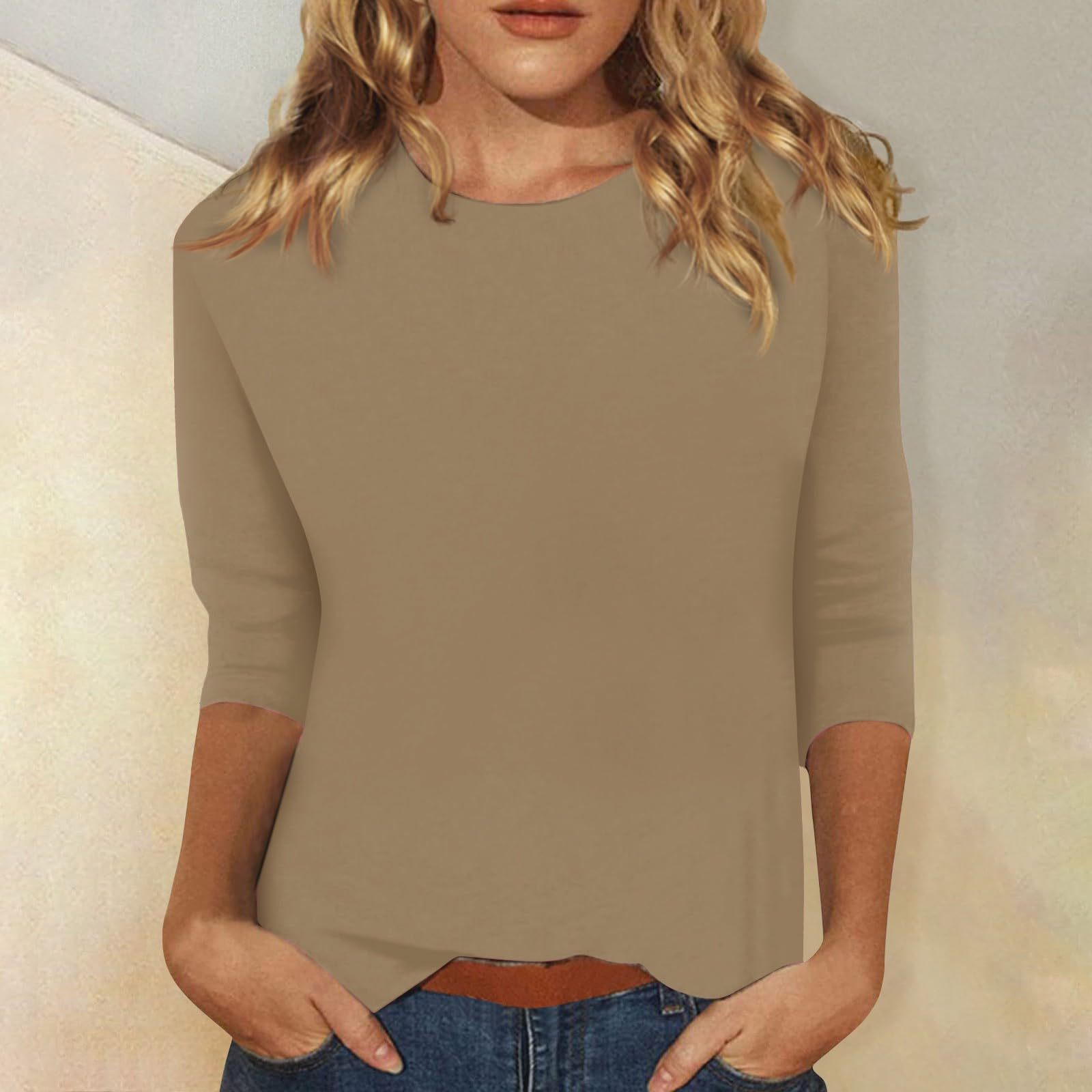 2023 autumn and winter European and American cross-border women's clothing Amazon independent station Foreign trade top round neck 3/4 sleeve solid color T-shirt