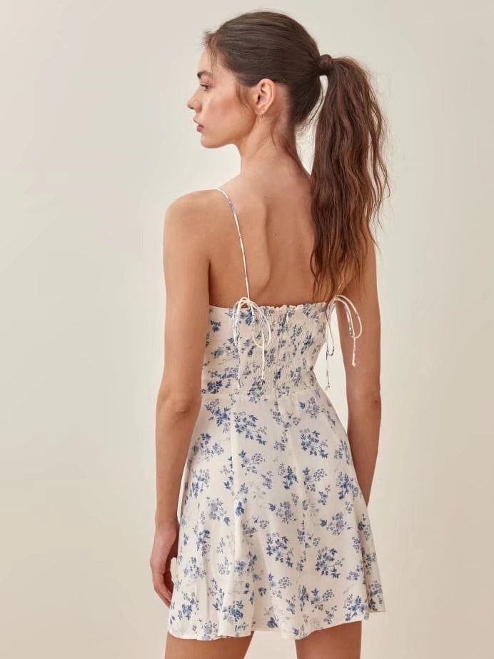 2023 Floral Print Dress Summer Women's Sling Lace-up V-Neck Waist Slimming A- line Skirt Women's Short Skirt