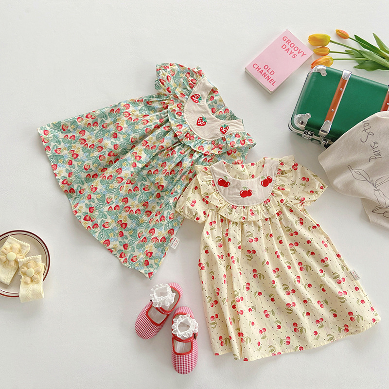 Strawberry Embroidered Ruffled Girl Dress 2023 Summer New Fruit Printed Children's Short Sleeve Doll Dress