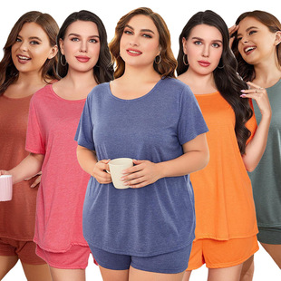 Cross-border European and American plus size Pajamas Women's Summer chubby girl Solid Color Loose Casual 5XL Short-sleeved Shorts Two-piece Home Clothes