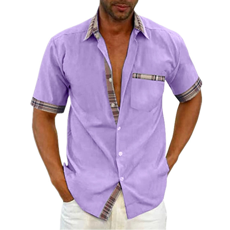 2023 men's summer solid color short-sleeved shirt collar cuff contrast color fashion button shirt one-piece delivery