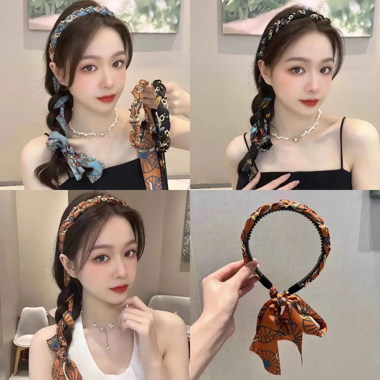 Vintage Chain Hair Hoop Royal Satin Fabric Hair Hoop Press Hair Clamp Head Hoop Ribbon Tie Hair System Braided Hair Headwear
