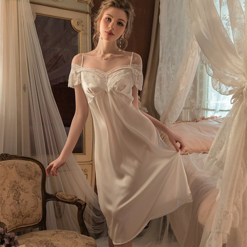 French Sexy Nightgown Women's Spring and Autumn Summer Sling Satin High-end Lace Long Home Nightgown Factory Outlet