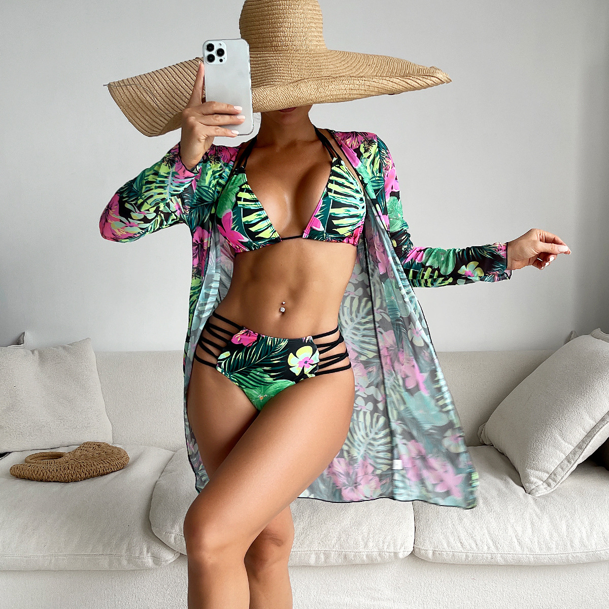 Mingyi 2024 new European and American multi-color printing fashion sexy BIkini BIkini three-piece women's swimsuit