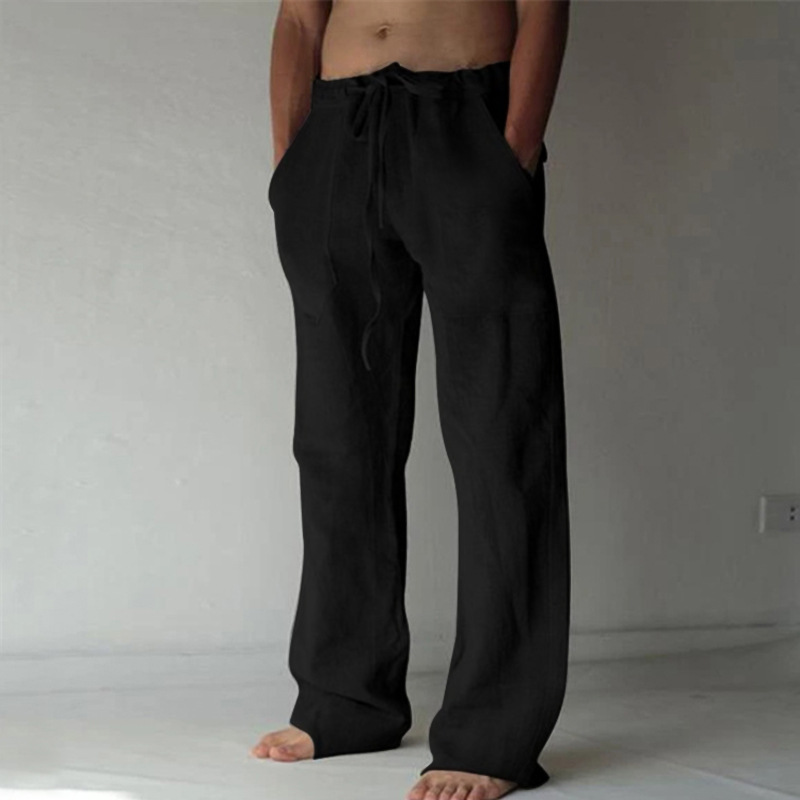 2024 cross-border new men's trousers cotton and linen casual solid color thin linen loose men's pants elastic waist tether