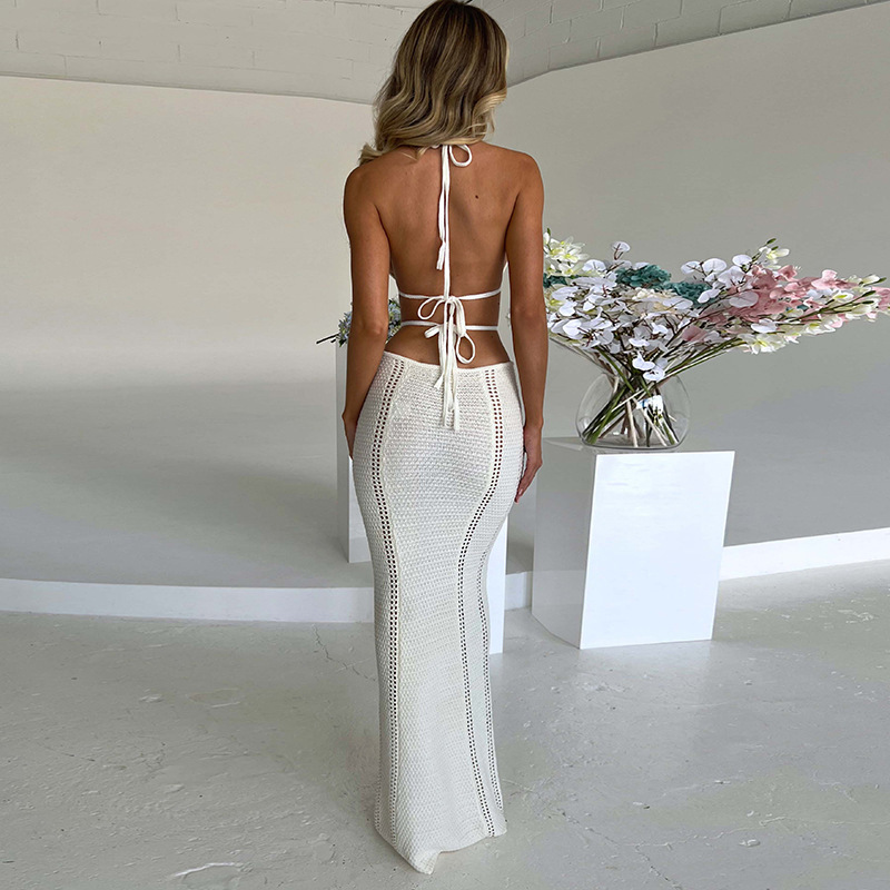 European and American ins Style Hot Sale New Sexy Street Style Pure Desire Hanging Neck Wrap Chest Hollow Stitching Lace-Up Dress for Women