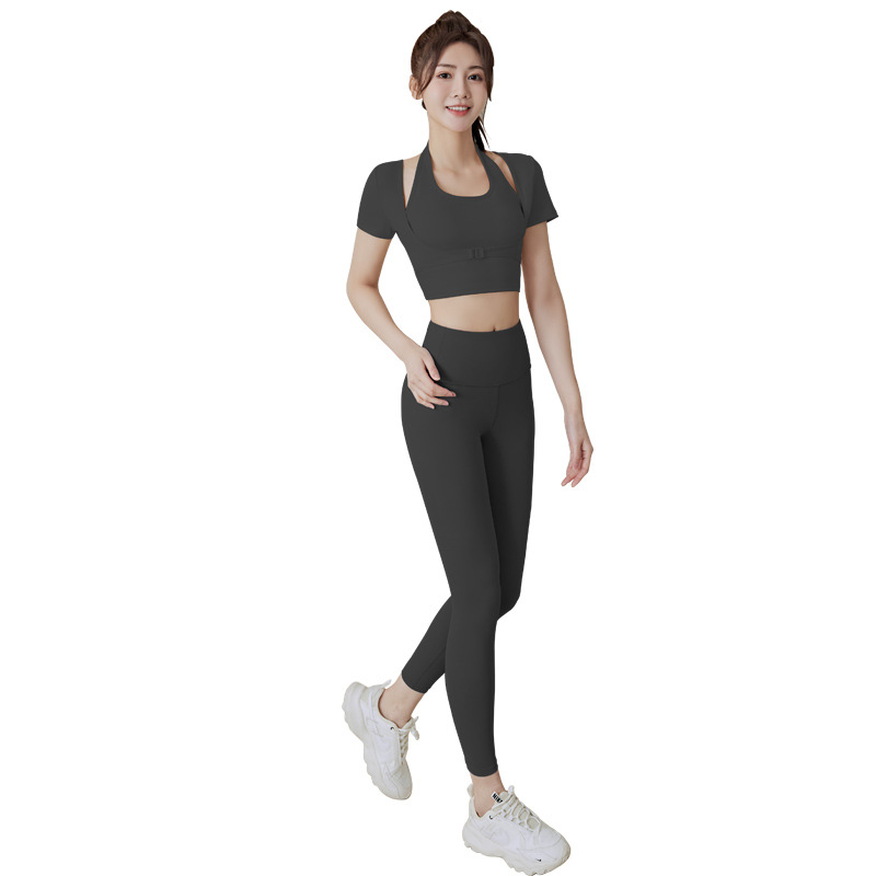 Juyitang new peach halter top with chest pad short tight quick-drying yoga fitness sports short sleeve t-shirt