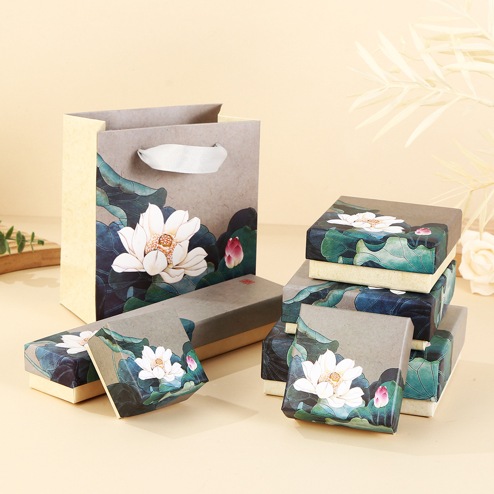 Spot Blue Paper Vintage Lotus Jewelry Box Tiandi Cover Bracelet Necklace Gift Box Jewelry Packaging Box