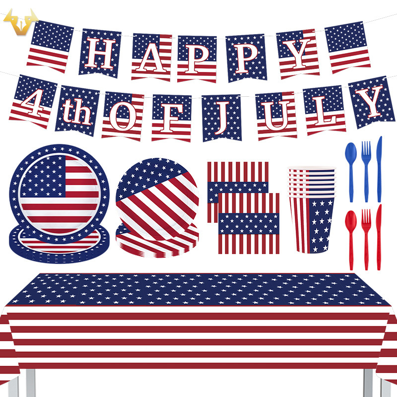 New Spot American Flag Independence Day Tableware Set Paper Tray Paper Towel Banner Disposable Party Supplies