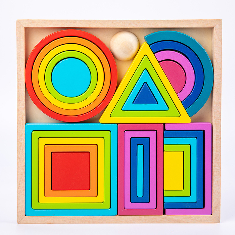 Cross-border New Wooden Box Frame Rainbow Matching Building Blocks Foreign Trade Geometric Stacked Tower Size Wooden Toddler Toddler Toy