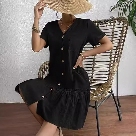 Women Button up Dress Loose Summer Cotton Linen Dress Ruffled Hem Casual Short Sleeve Dress
