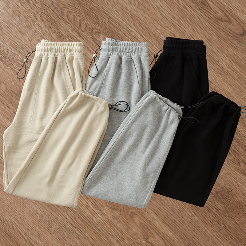 Spring and Summer New Plush Heavy Black Grey Adjustable Drawstring Pencil Pants Solid Color Pocket Loose Sweatpants for Men