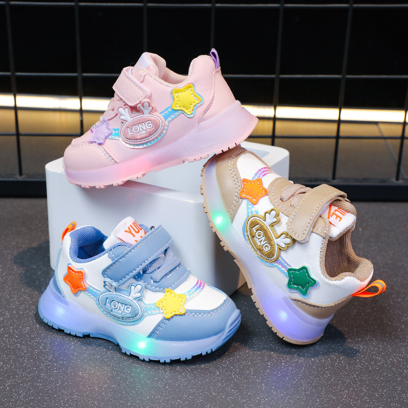 2024 spring and autumn new boys sneaker leather bright lights baby children's shoes women's shoes waterproof running shoes