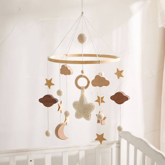 Star Moon Clouds Baby Bed Pendant Baby Bed Bell Simple Baby Room Decoration Wooden Wind Bell Hanging Decoration