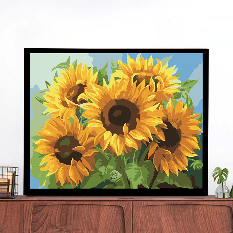Sunflower digital oil painting diy color filling hand painting oil painting filling acrylic graffiti Korean style with frame foreign trade Wholesale