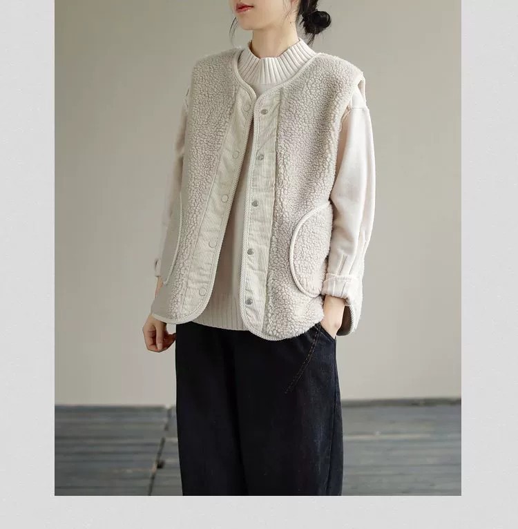 Gilet in pelliccia di agnello bifacciale per donna autunno e inverno Nuovo gilet retrò artistico ampio in velluto a coste cappotto positivo e negativo cappotto imbottito in cotone_voghion.com