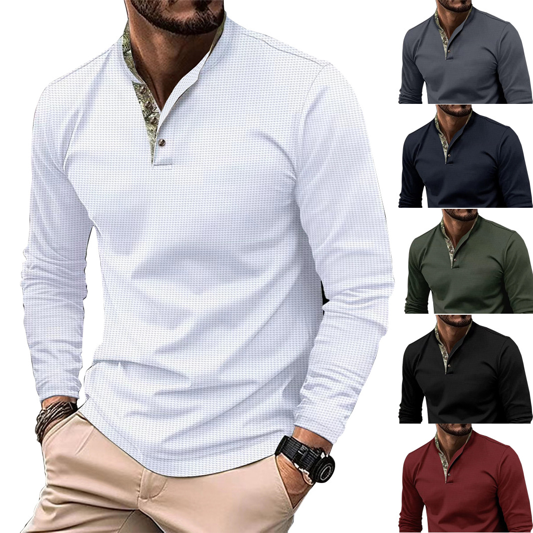 2024 cross-border AliExpress Amazon waffle Spring and Autumn new men's polo shirt double-layer stand collar stitching long sleeve