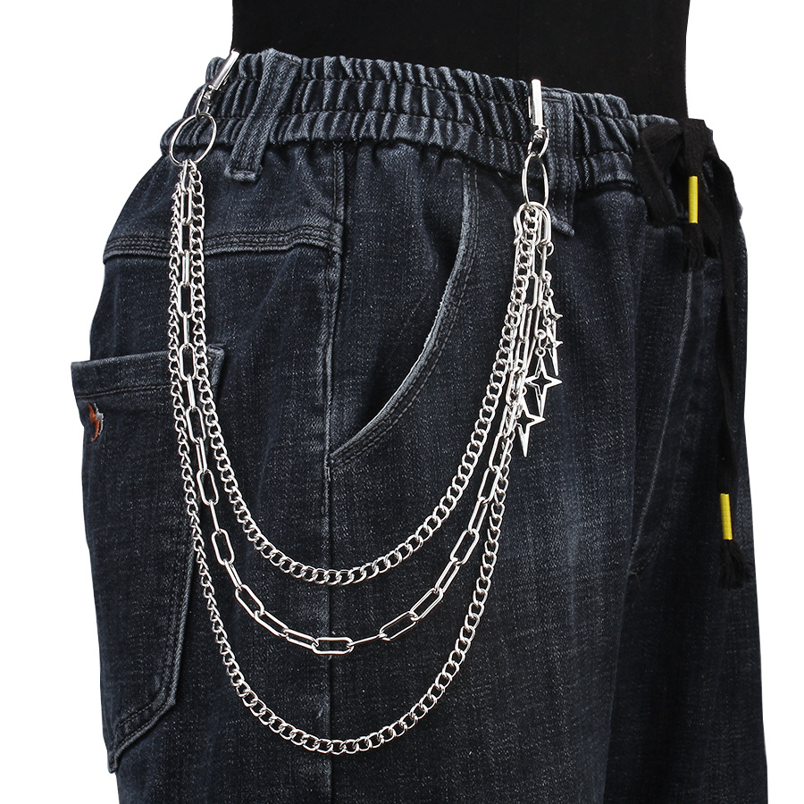 Muoti uusi, persoonallinen hip hop punk trendikäs neljä Awn tähden riipushousuketjua tyyliin metalli monikerroksinen denim housuketju_voghion.com
