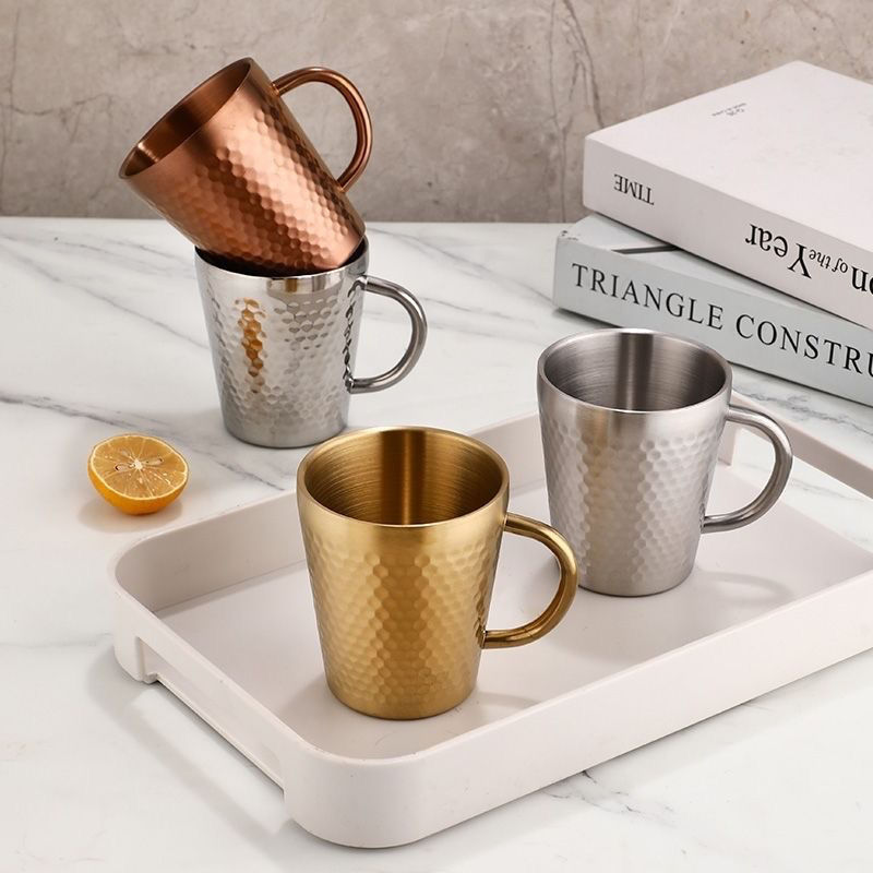304 Stainless Steel Mug Double Layer Heat Insulated Coffee Mug Creative Beer Mug with Handle Korean Hammer Pattern Water Cup