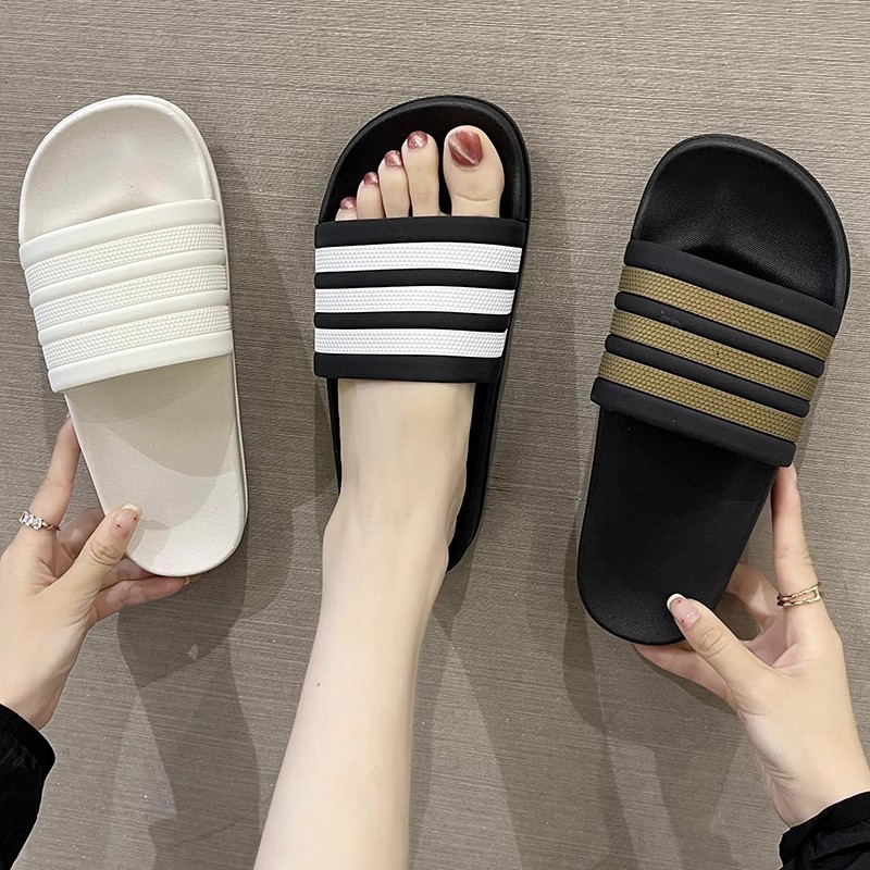 Classic striped couple slippers women's fashion brand three-line slippers plus size slippers men's soft bottom Korean style home fashion outerwear