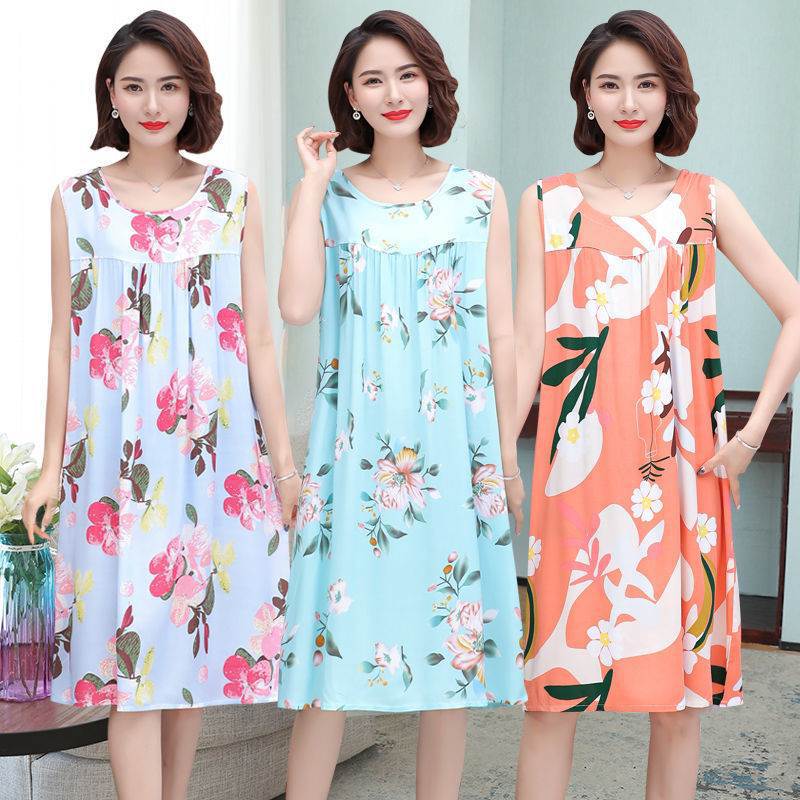 Summer Middle-aged and Elderly People's Cotton Silk Nightdress Pajamas Women's Cotton Silk Dress Summer Adult Large Size Mother's Home Clothes