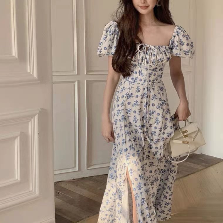 Blue Floral Dress Women's 2023 Summer New Long Split Long Dress Elegant Design Tea Break French Dress