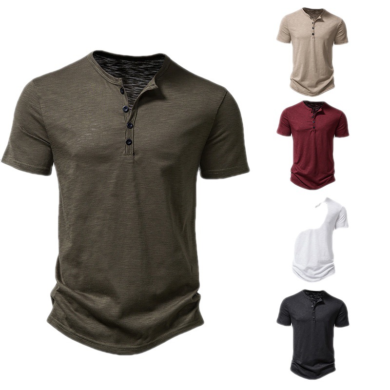 2023 Foreign Trade New European and American Men's Solid Color Henry Collar Polo Shirt Men's Fashion Casual Loose Short-sleeved T-shirt