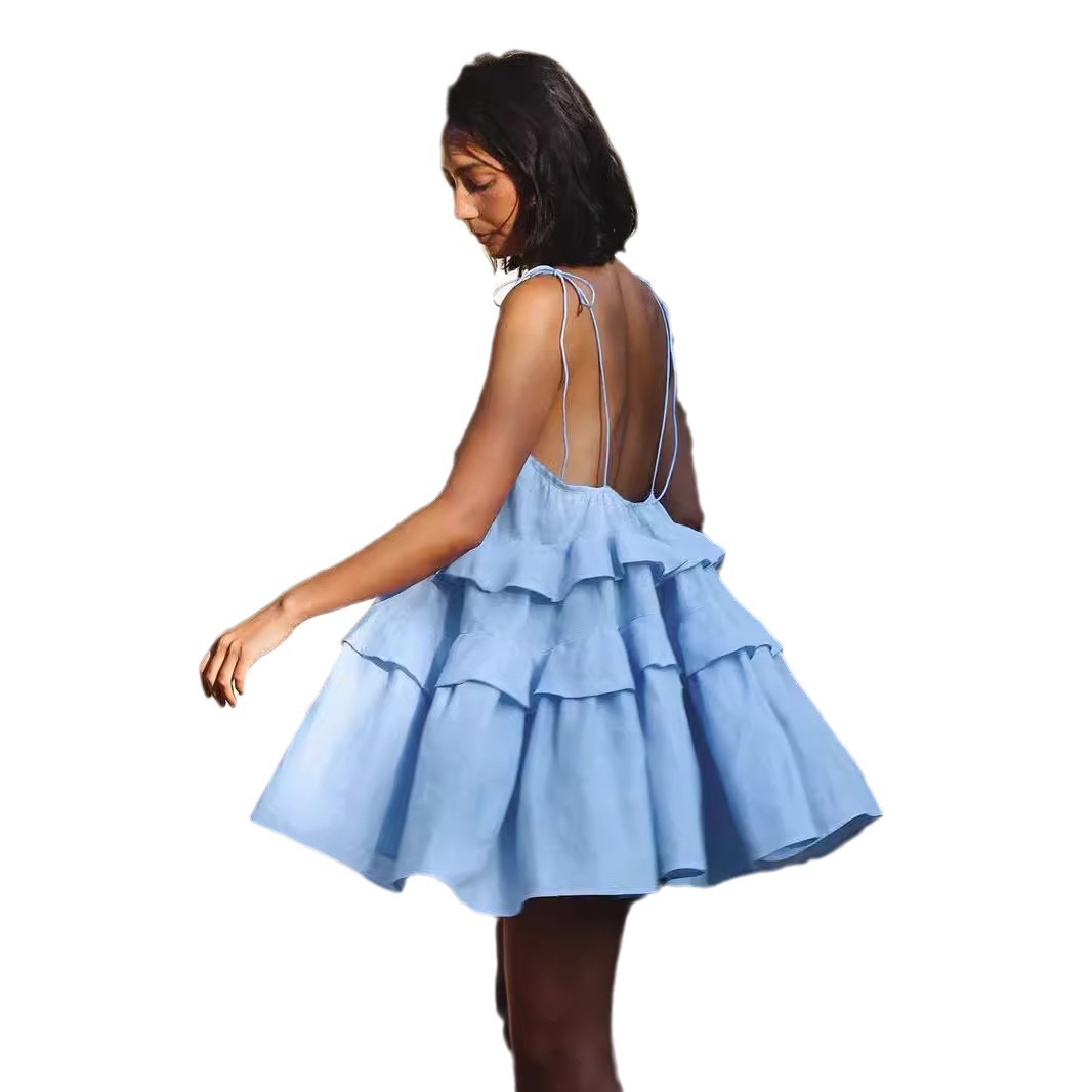 Sling dress 2024 Summer Multi-layer Ruffled Cake Skirt Short Backless Sling dress