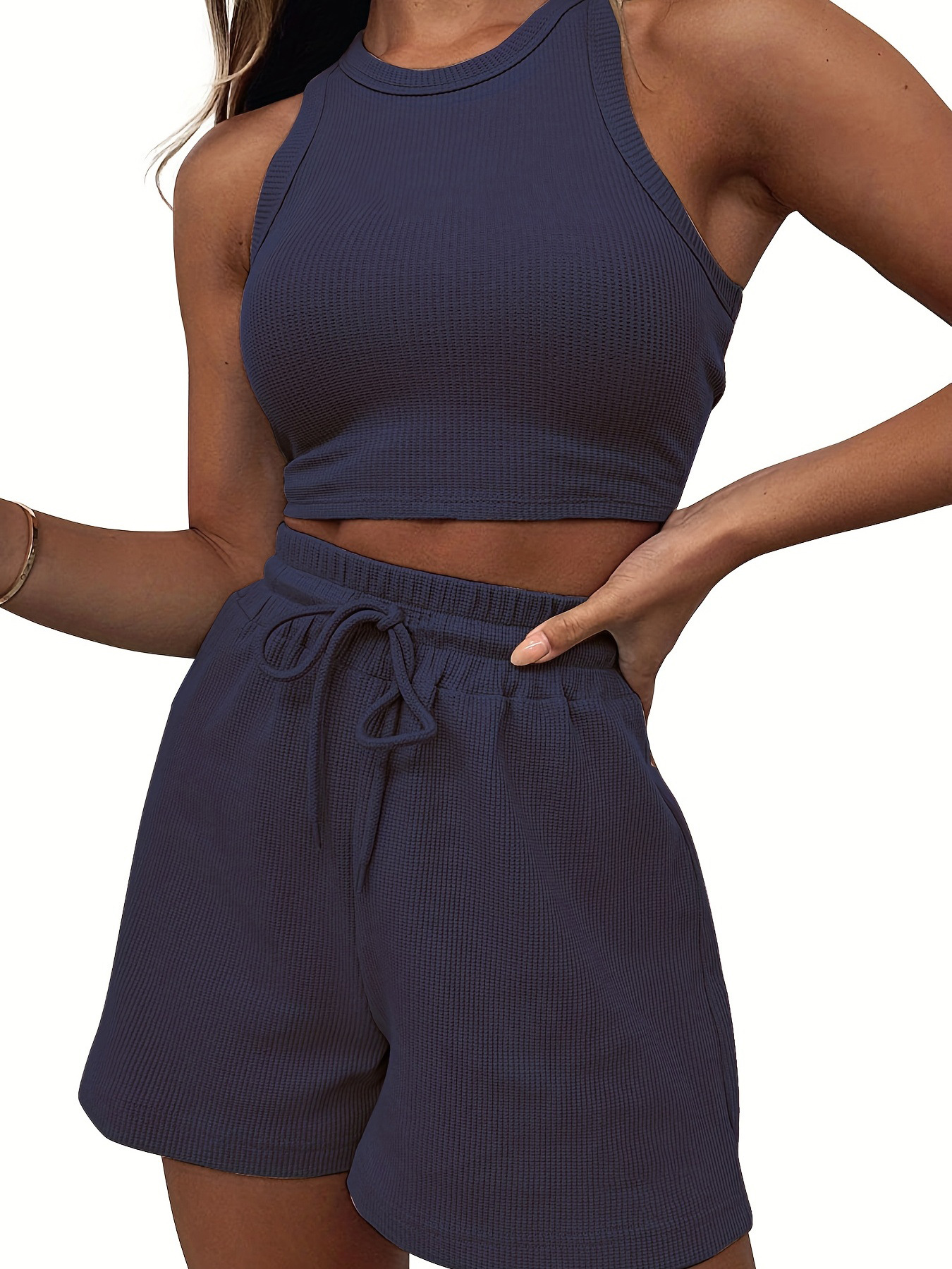 2024 Cross-border Summer New Sleeveless Waffles Set Solid Color Vest Fashion Casual Short 2-piece Set for Women