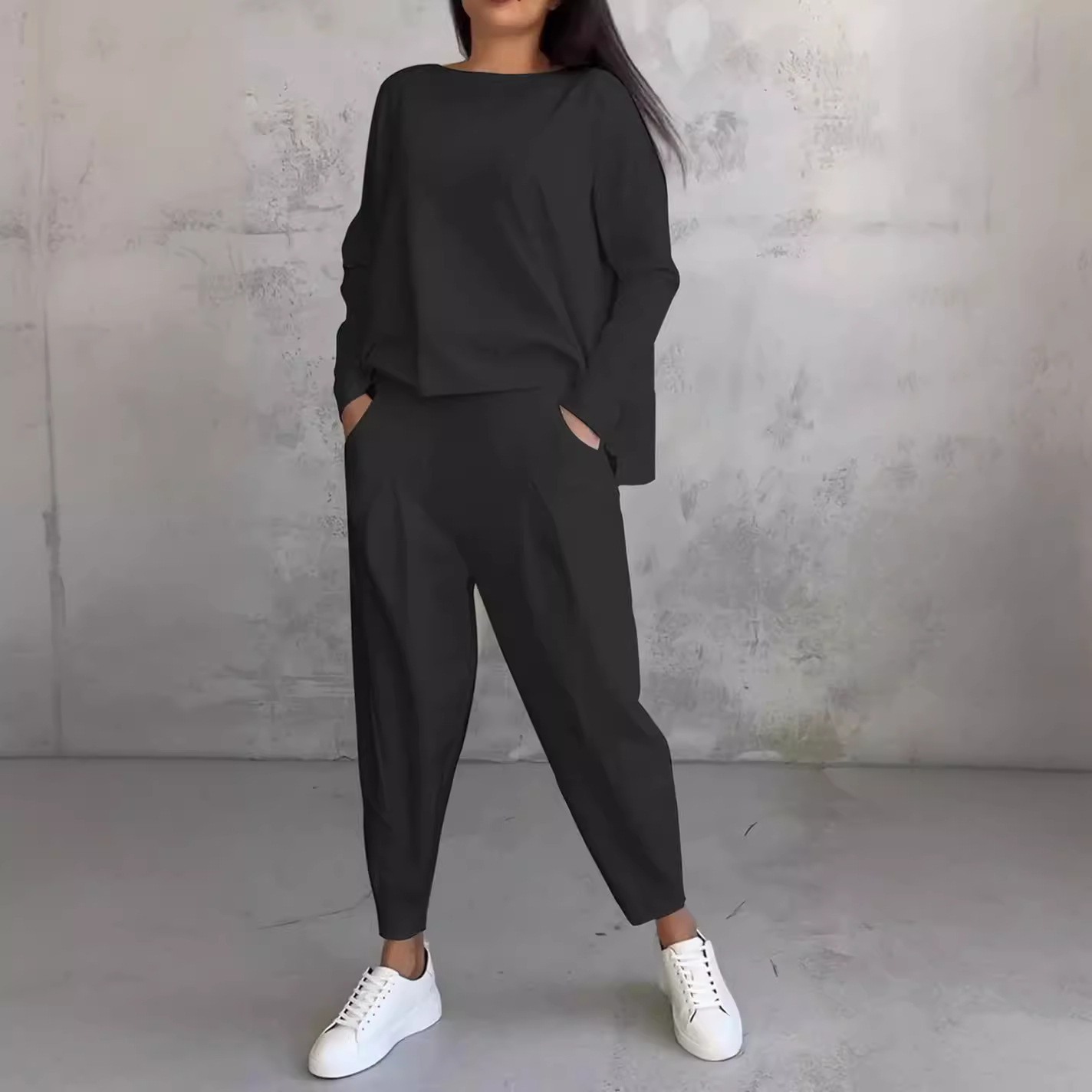 2024 new European and American cross-border foreign trade women's solid color round neck long sleeve suit women's pocket pants pants women