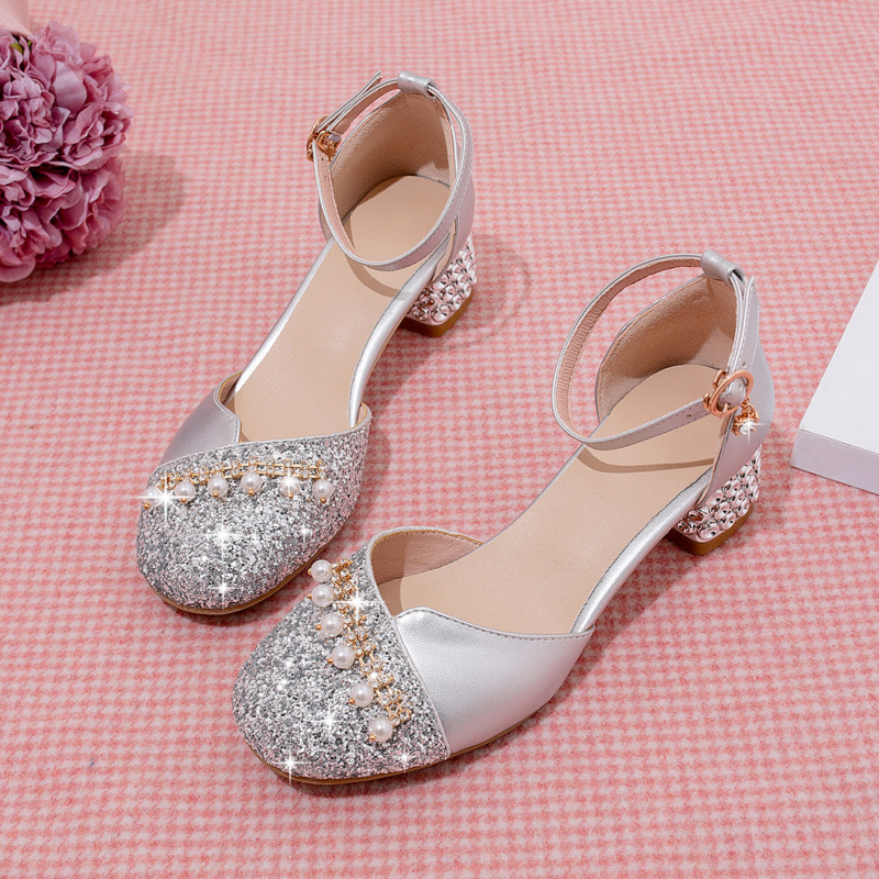 Girls Sandals Children Pearl Princess Shoes Little Girls Piano Watch Performance Stage Show Shoes Crystal Shoes 9 Years Old 10