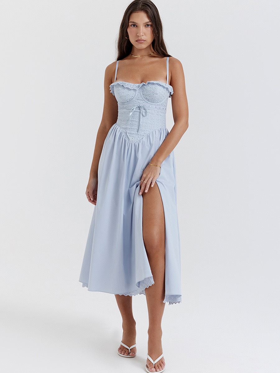 2023 Summer and Autumn New Amazon hot crocheted lace-up holiday sexy fashion split hot girl midi dress