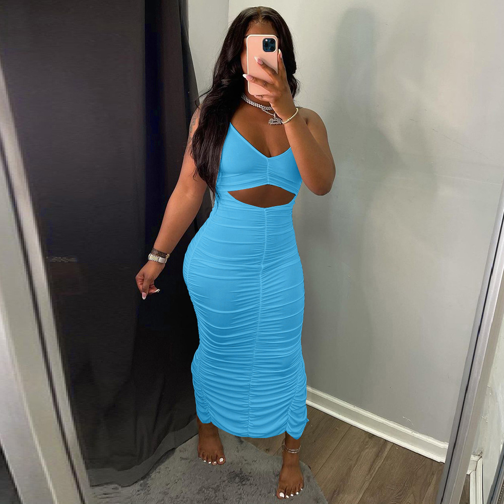 G7034 European and American Women's Clothing Amazon Independent Station Fashion Casual Solid Color Strap Pleated Dress