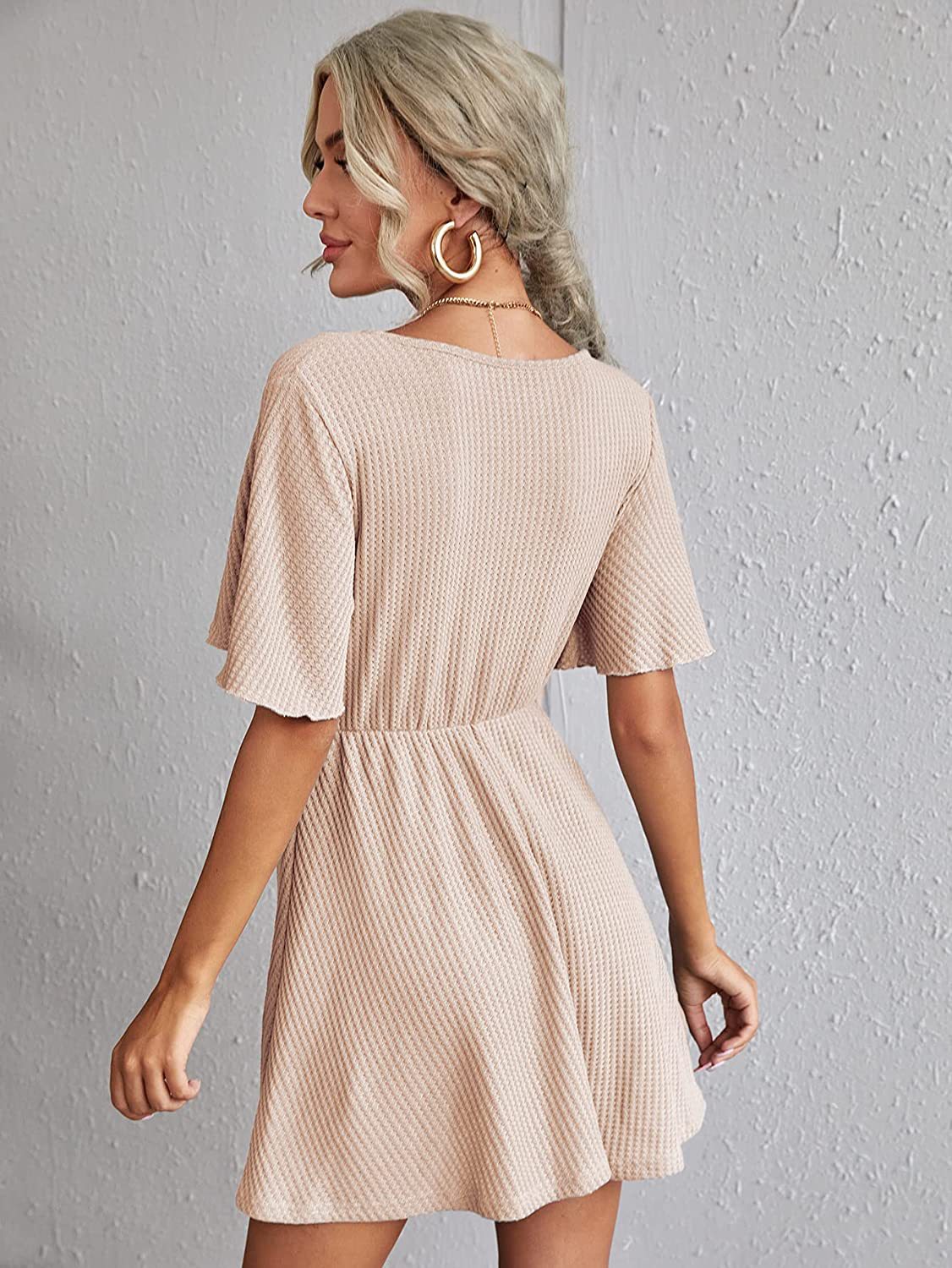 Amazon 2022 new pure color simple temperament commuter waffle mid waist dress Female Factory in stock hot sale