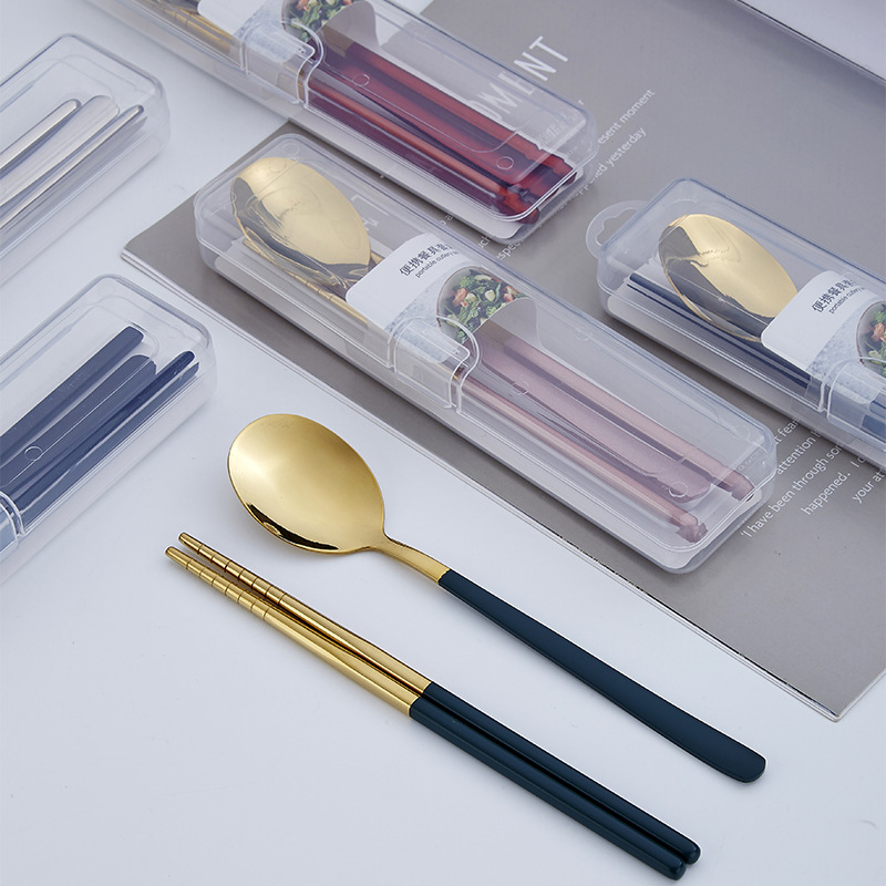 304 Stainless Steel Portable Tableware suit Internet Red Chopsticks Spoon Student Outdoor Korean-style Single Tableware Three-piece Set