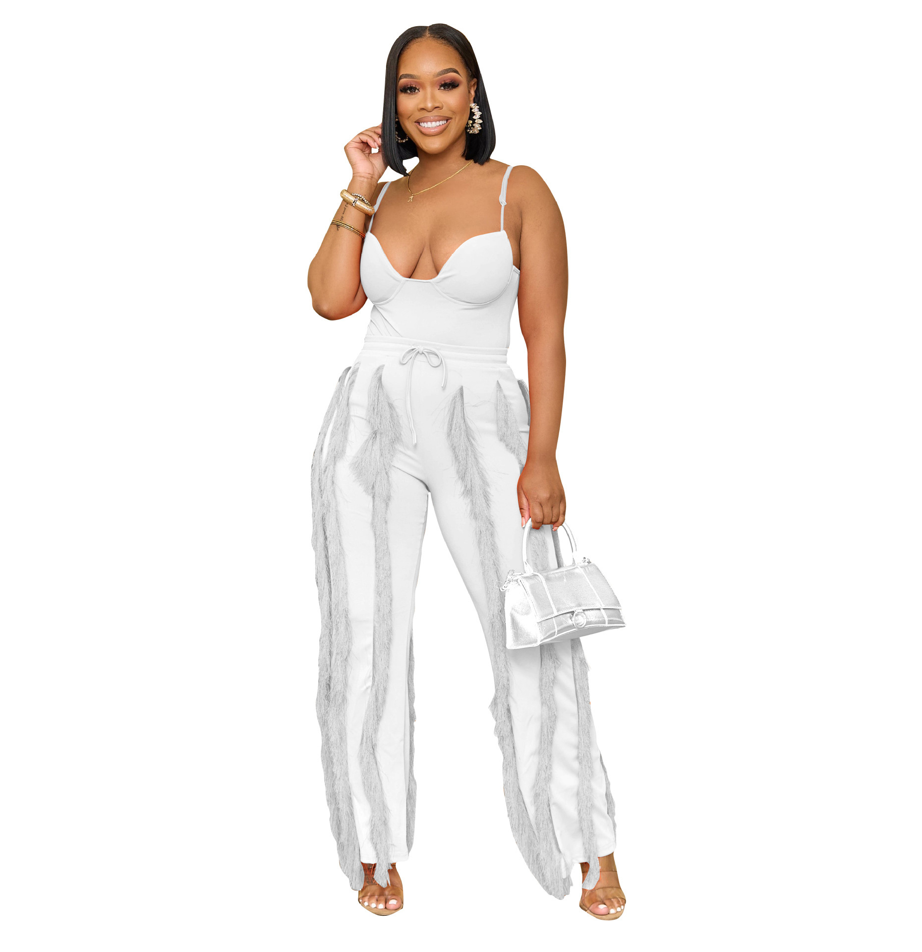 AL246 Amazon Cross-border European and American Women's Suit Tassel Lace Strap Jumpsuit Two-piece Straight-through Pants Summer