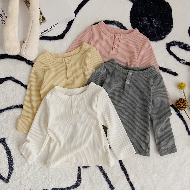Round neck pocket crew cotton baby onesie for boys and girls, long sleeve T-shirt, versatile top 0039