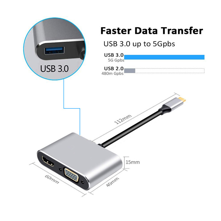Type-c to HDMI + VGA + USB + PD four-in-one expansion dock monitor projector adapter docking station