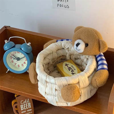 Korean ins Style Cute Cartoon Bear Storage Basket Desktop Office Straw Storage Basket