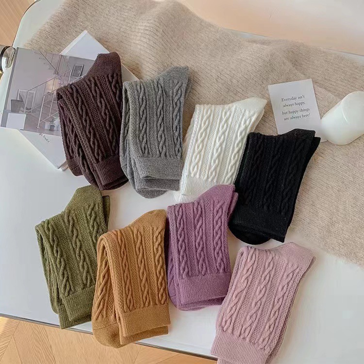 Twist cashmere socks women's autumn and winter mid-calf length socks thickened fleece-lined warm white pile socks winter stockings