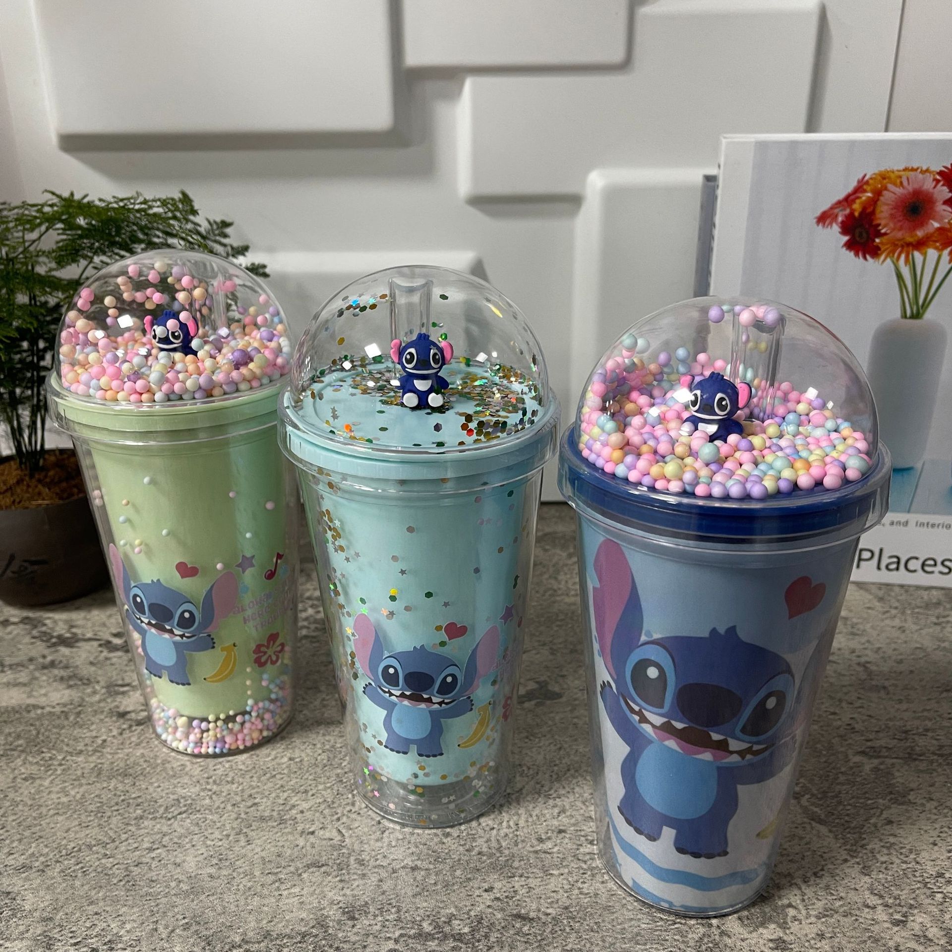 Cross-border new high-looking stitch cartoon plastic water cup straw Cup double-layer Cup sequin ice crushing Cup