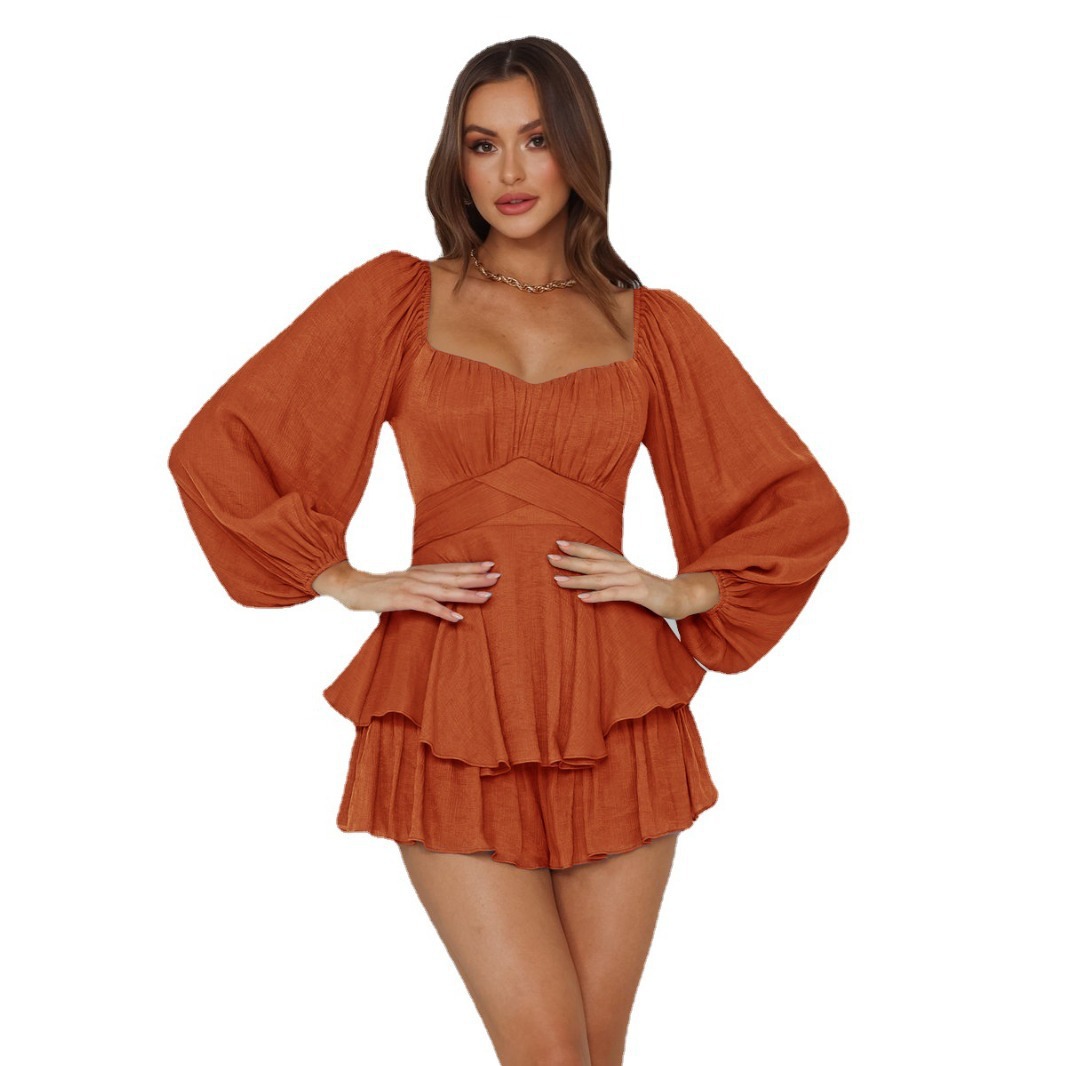 New style jumpsuit solid color women's fashion autumn clothing square collar lantern long sleeve ruffled shorts casual culottes