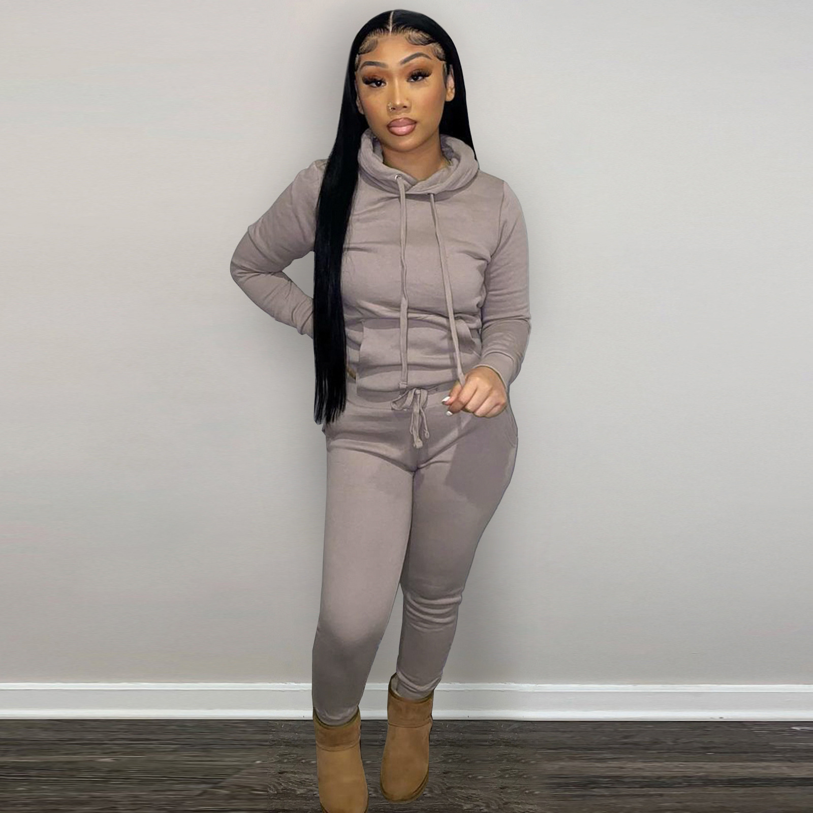 HR8197 European and American women's clothing  independent station supply autumn and winter plus velvet drawstring hooded two-piece set_voghion.com