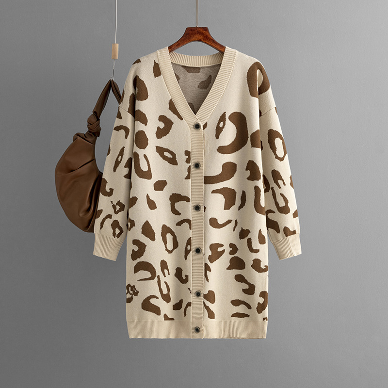 2023 autumn and winter European and American Foreign trade new knitwear mid-length leopard print sweater cardigan women's loose coat